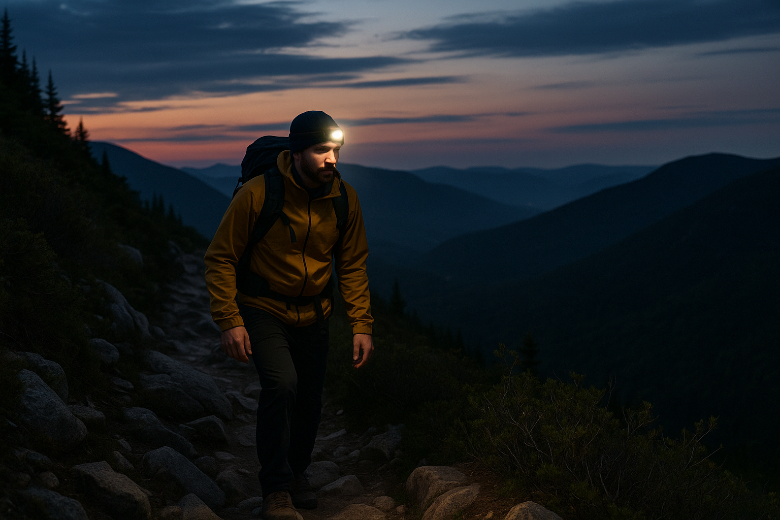 lampe frontale randonnée sentier crépuscule
