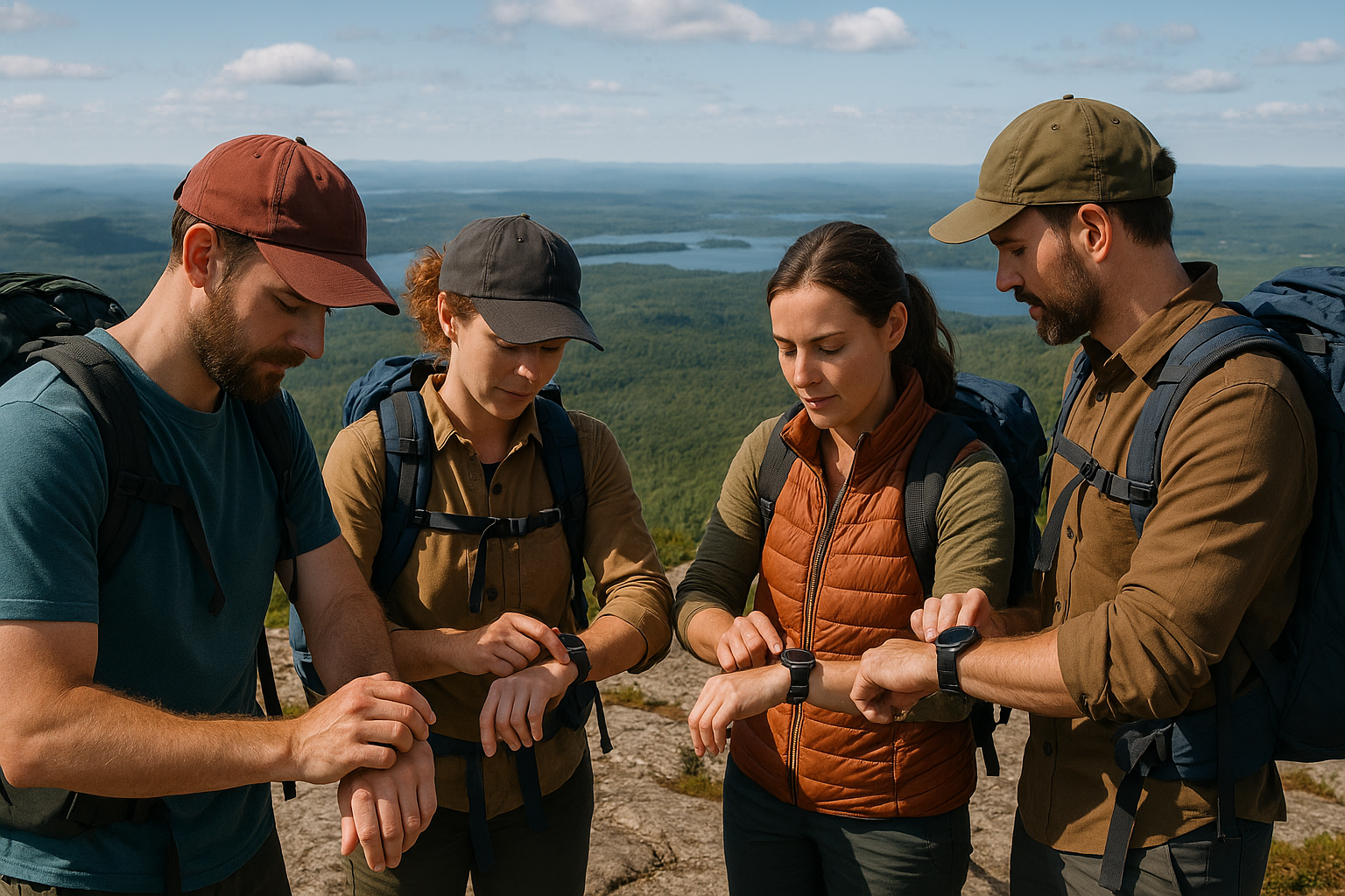 hikers various GPS watches Quebec mountain summit panorama