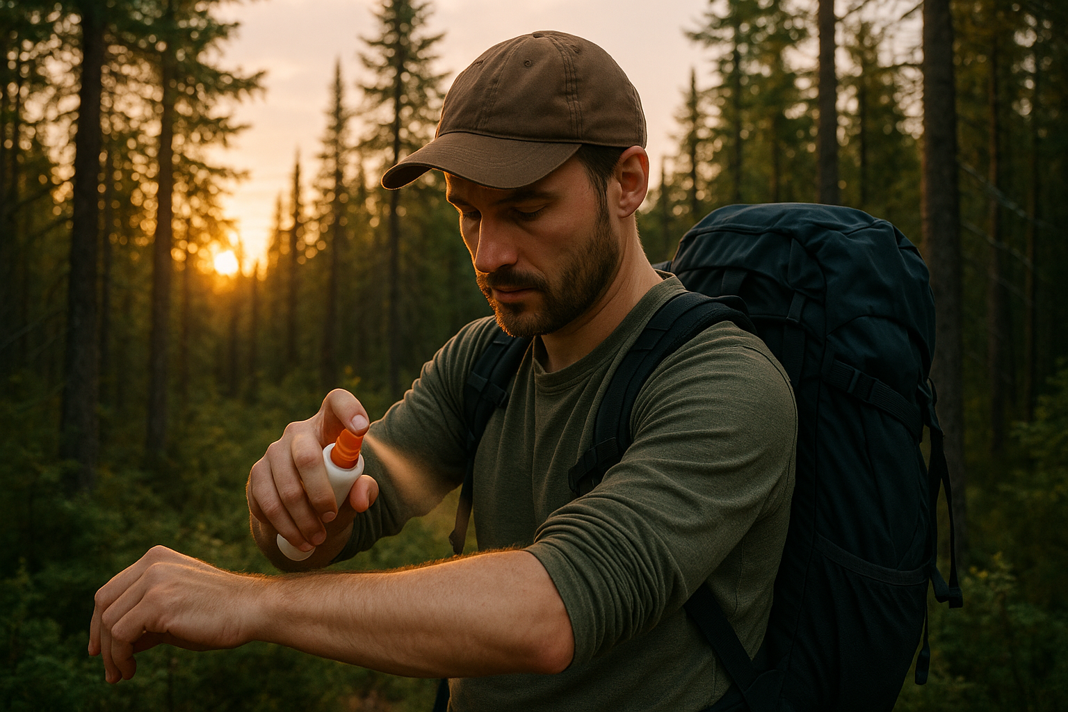 hiker applying mosquito repellent Quebec forest hiking