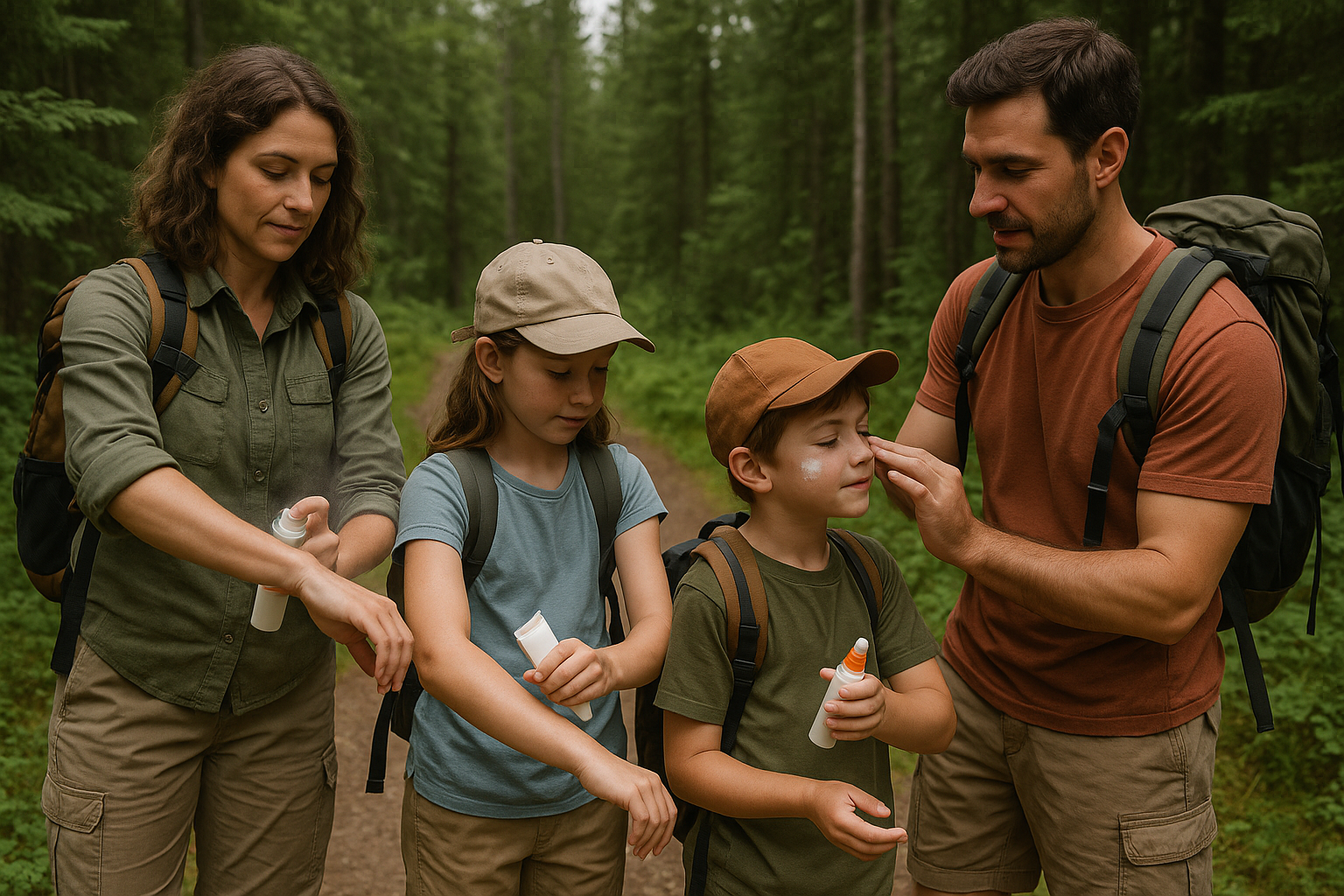 family preparing hiking mosquito repellent protection