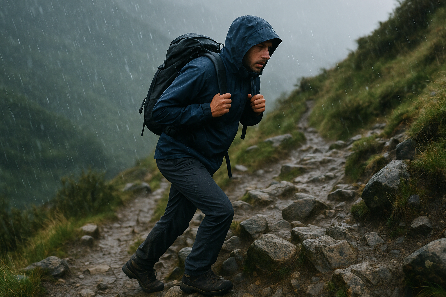 hiking rain rain jacket rocky trail Quebec