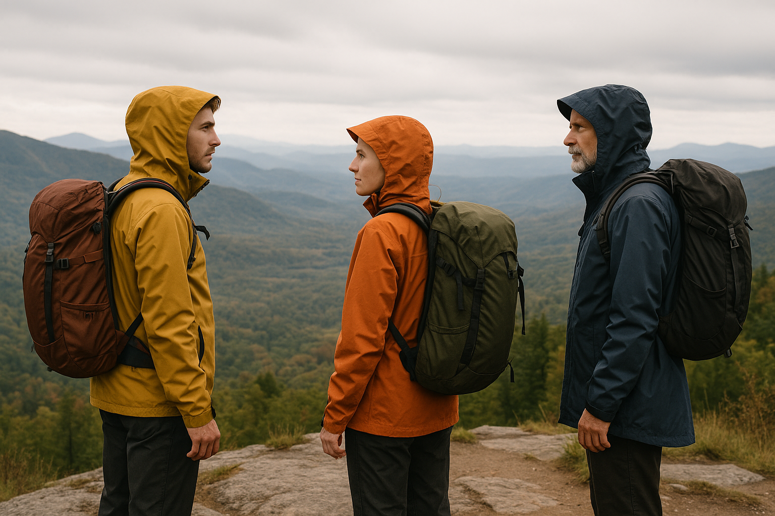 hikers different levels rain jackets viewpoint