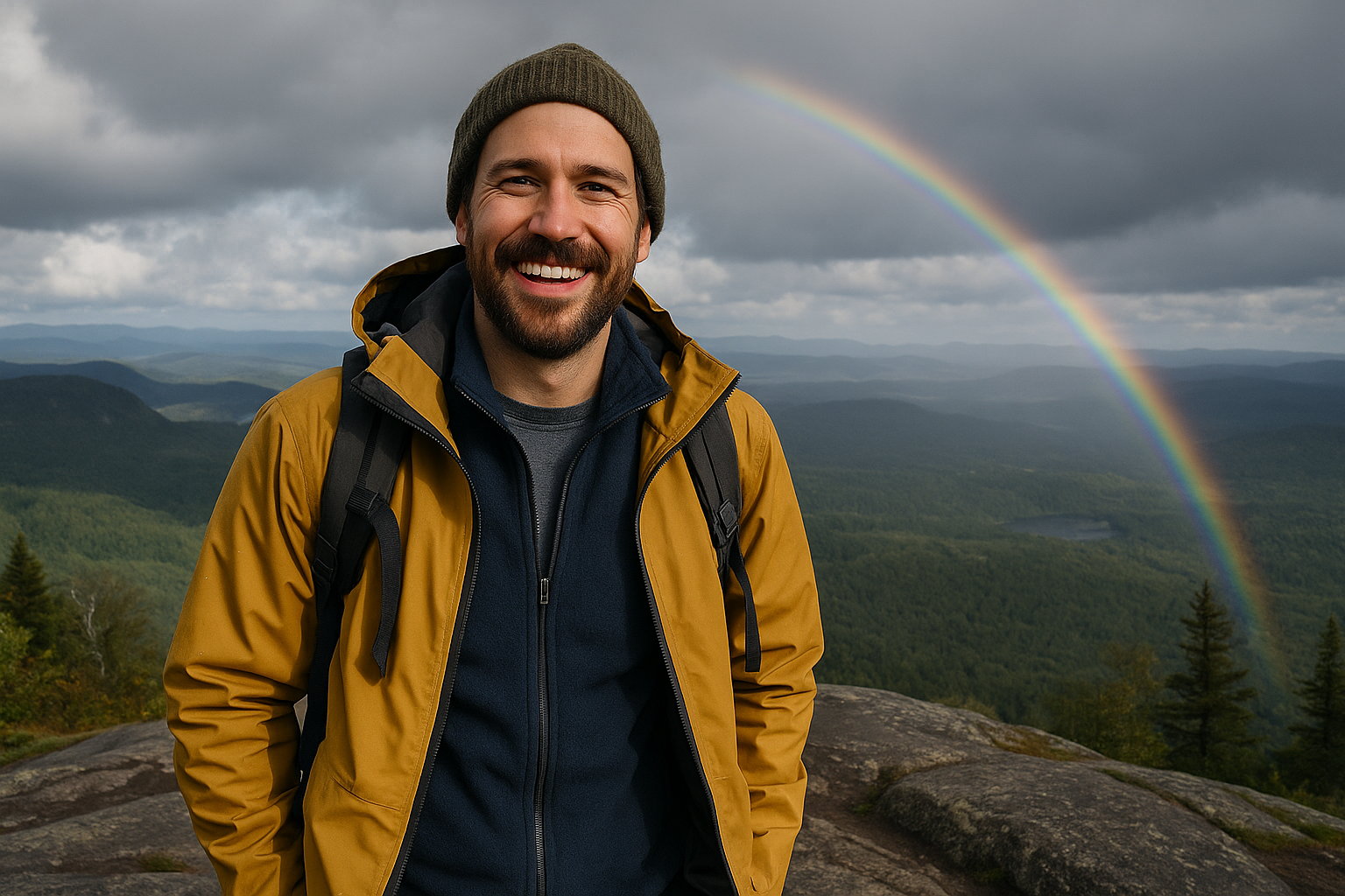 hiker summit rainbow after rain rain jacket