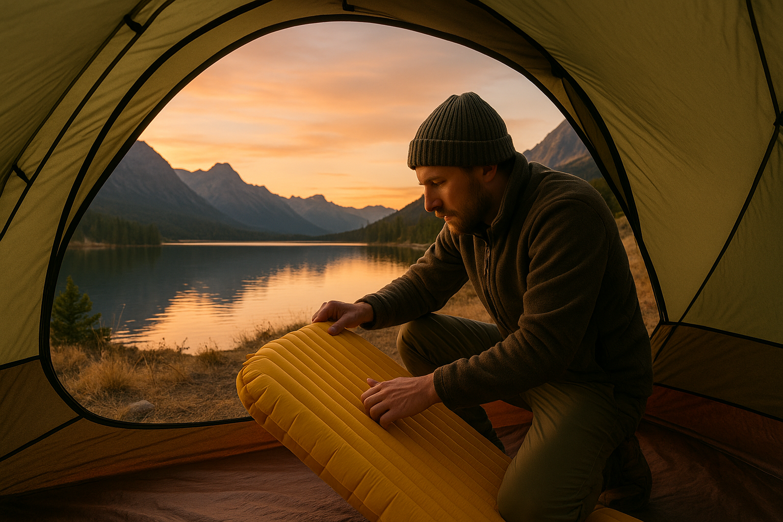 camper setting up sleeping pad in tent with lake and mountain view