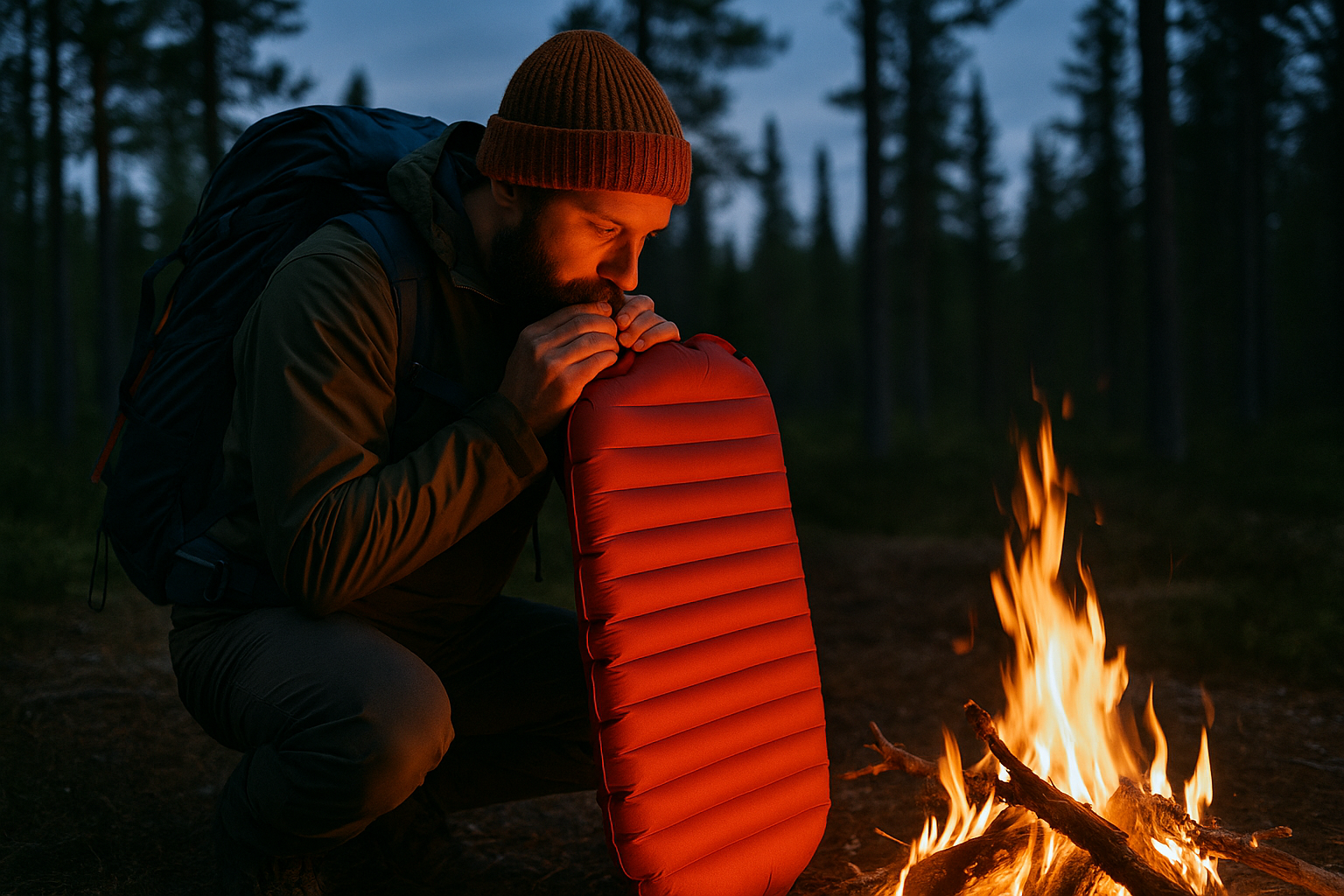 hiker inflating camping sleeping pad by campfire in forest