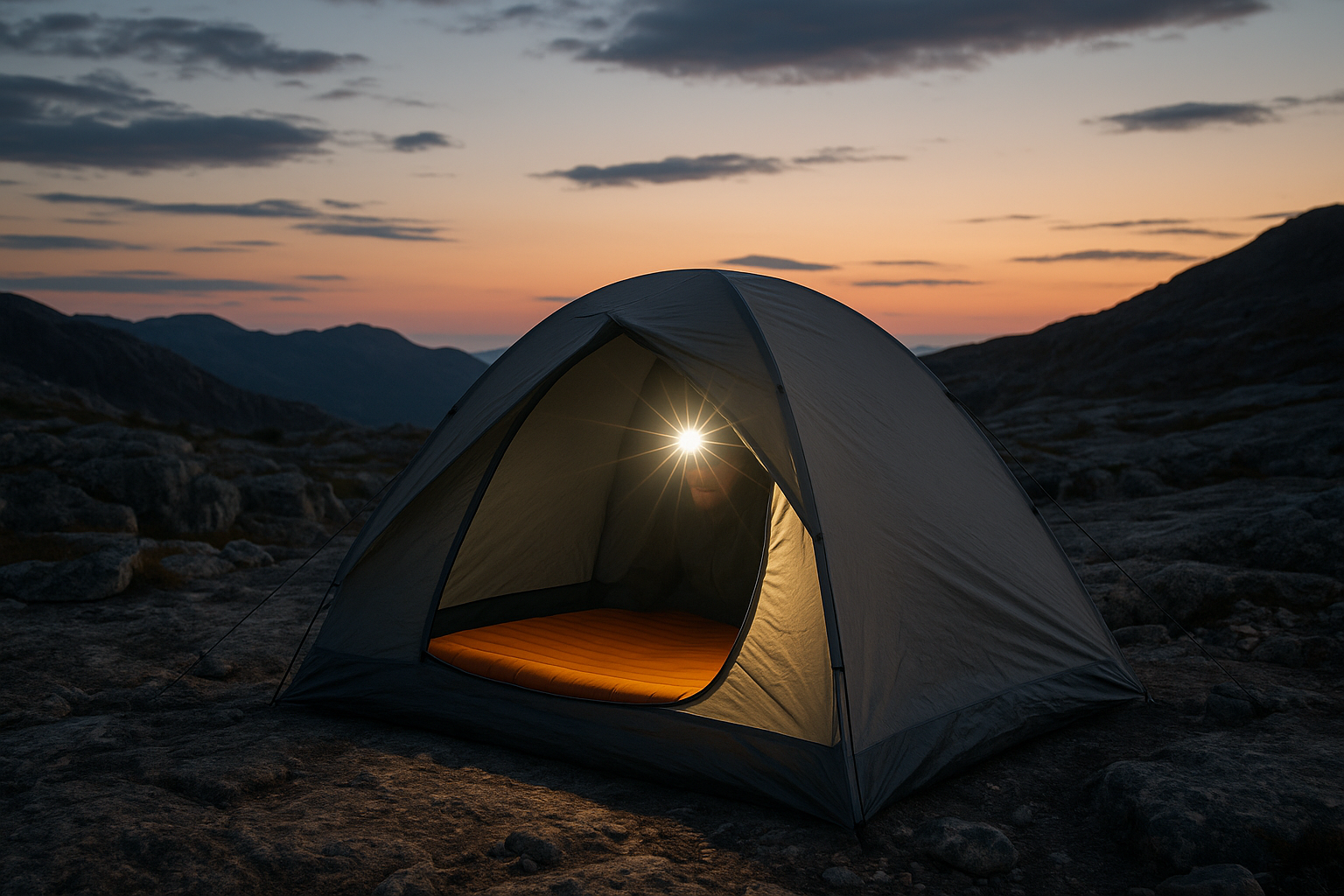 tent camping on rocky terrain at night with sleeping pad visible inside