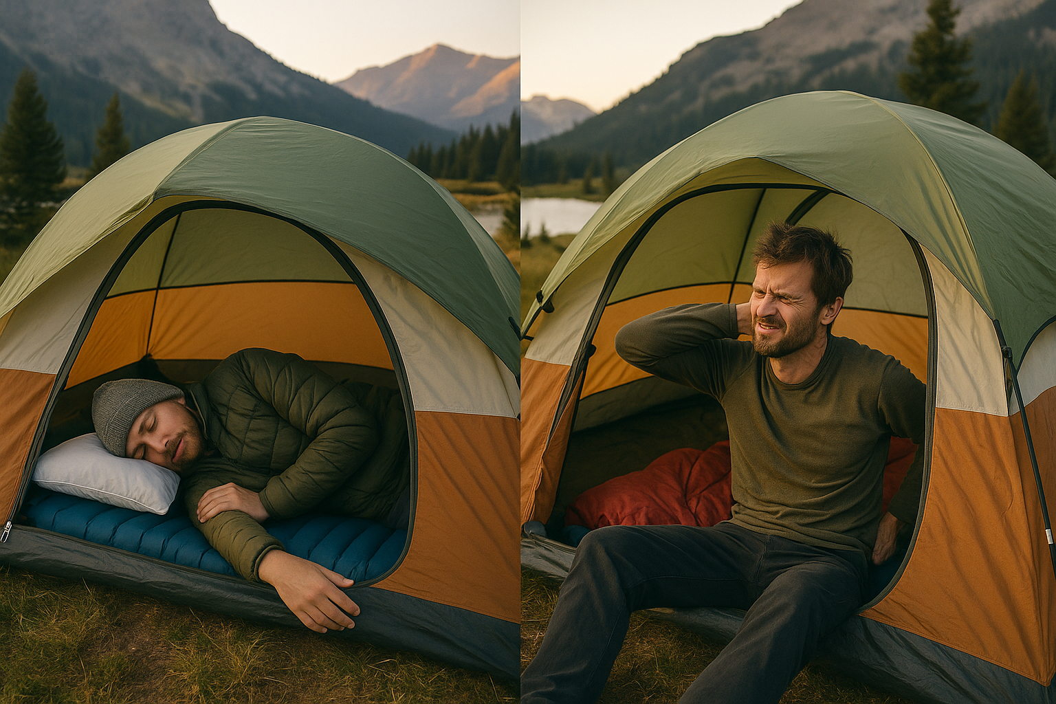 side-by-side comparison of camper sleeping comfortably on good pad versus another waking up sore