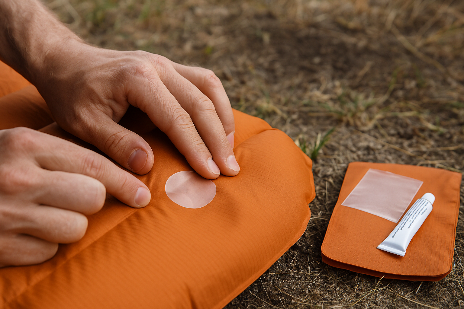 close-up of hands repairing small hole in camping sleeping pad with adhesive patch