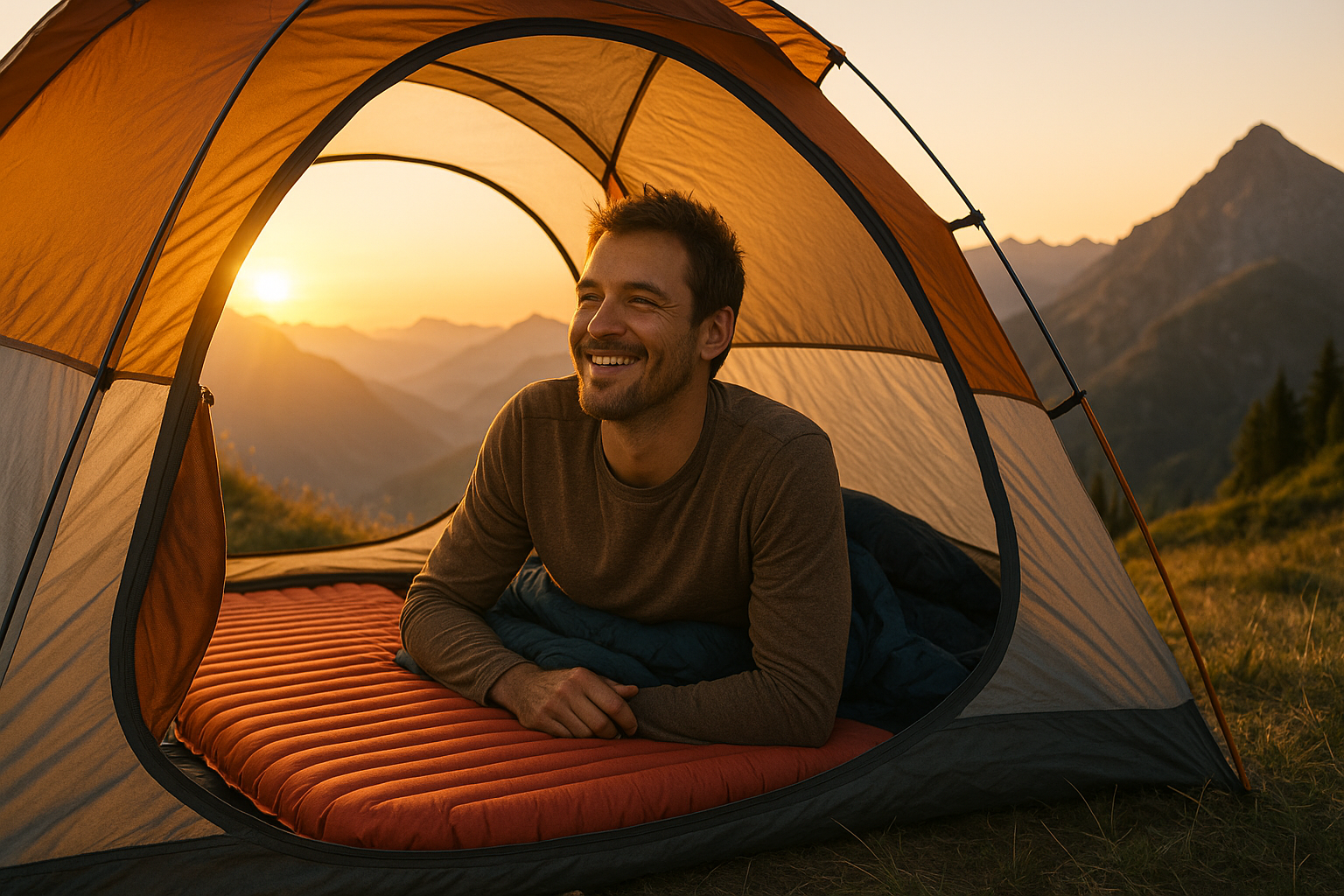 camper waking up in tent at sunrise, sleeping pad visible, satisfied smile, mountain landscape in background