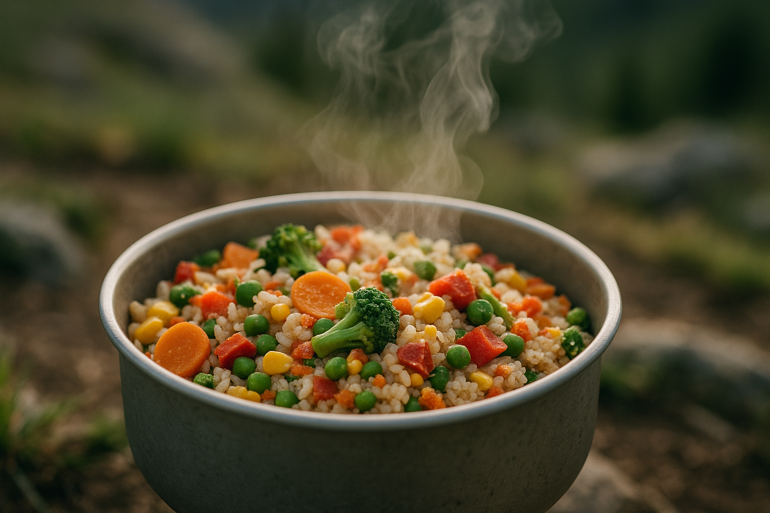 freeze-dried meal bowl steam colorful vegetables