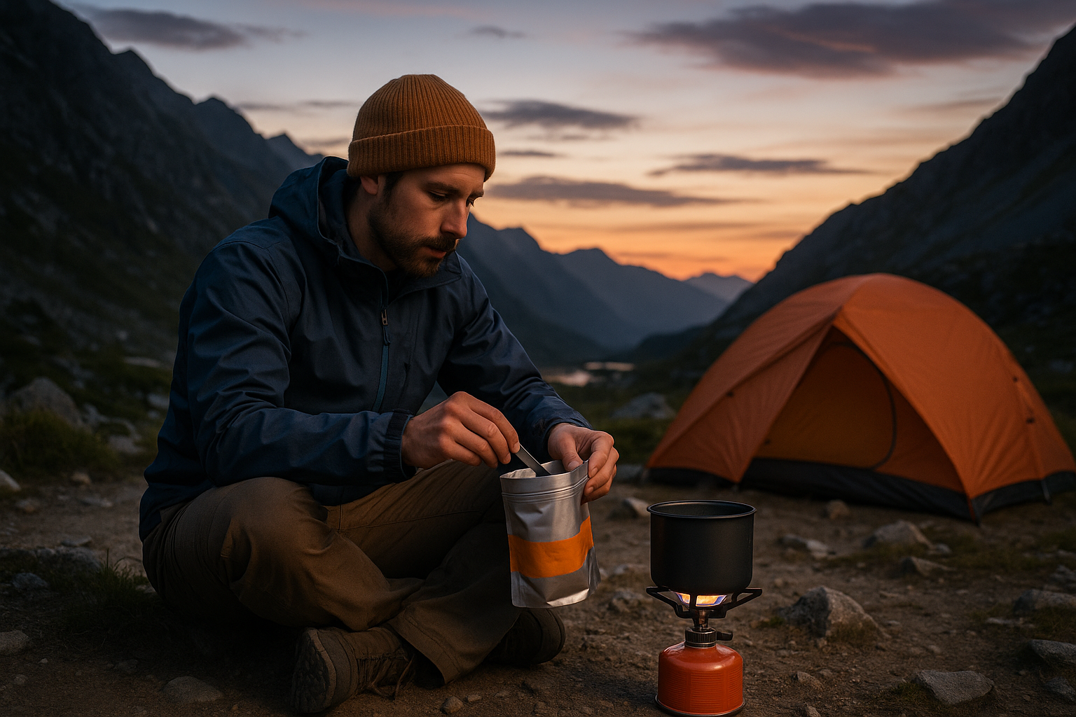 freeze-dried meal preparation camping stove mountain dusk