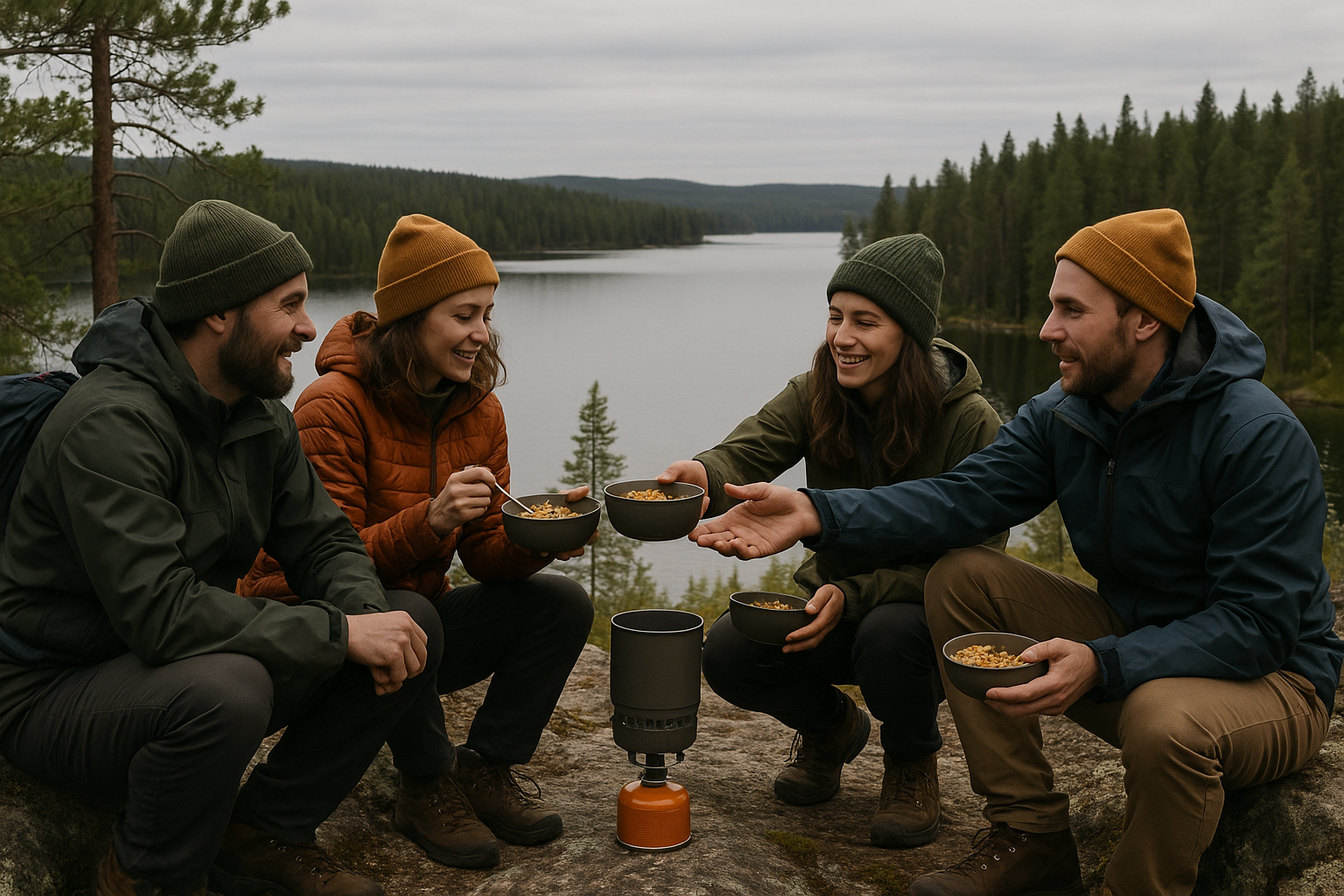 group hikers meal lake boreal forest sharing