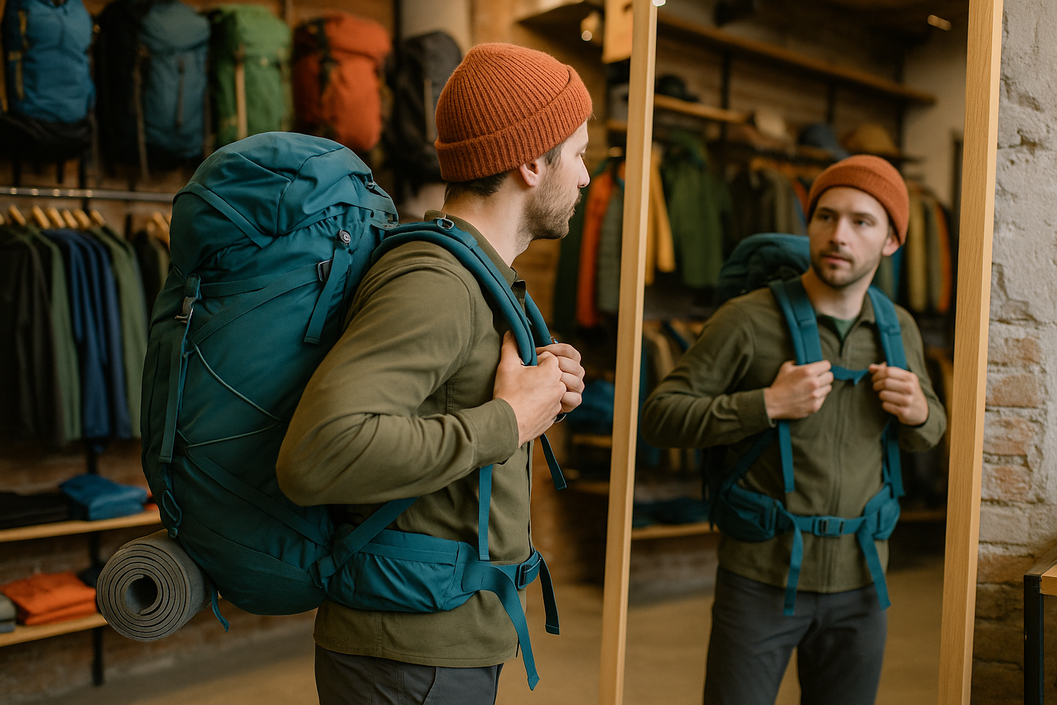 hiking backpack fitting store equipment