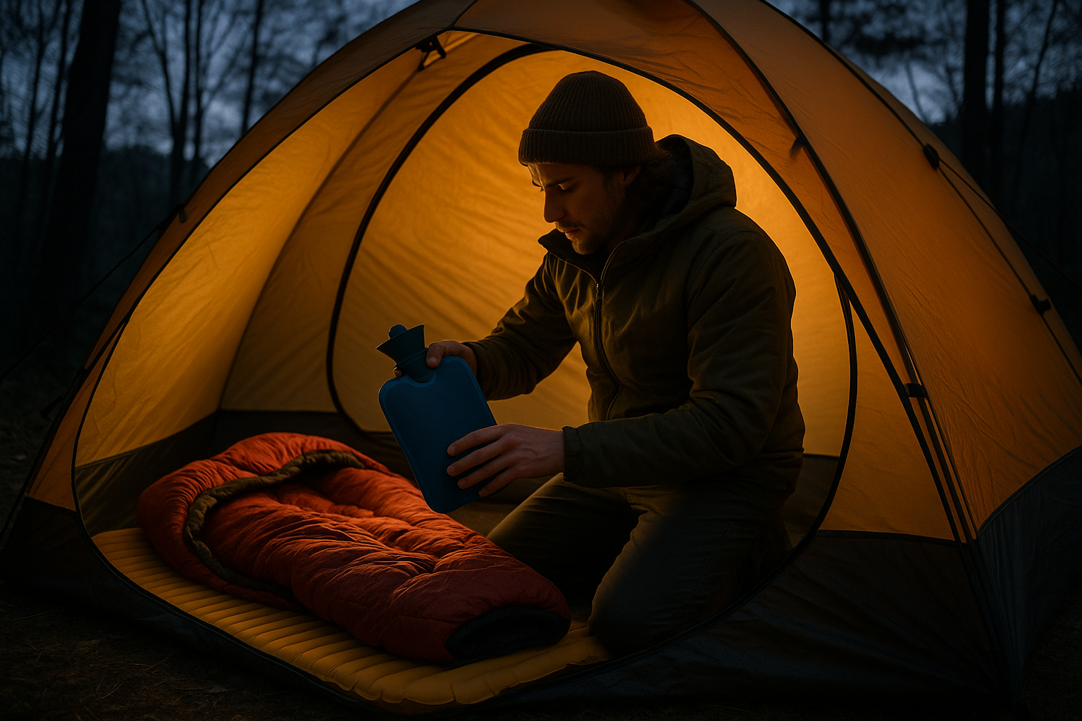preparing sleeping setup camping night sleeping bag