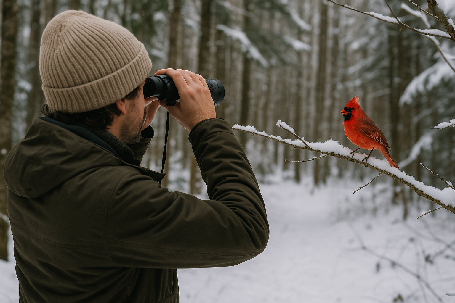 bird watching Quebec binoculars cardinal