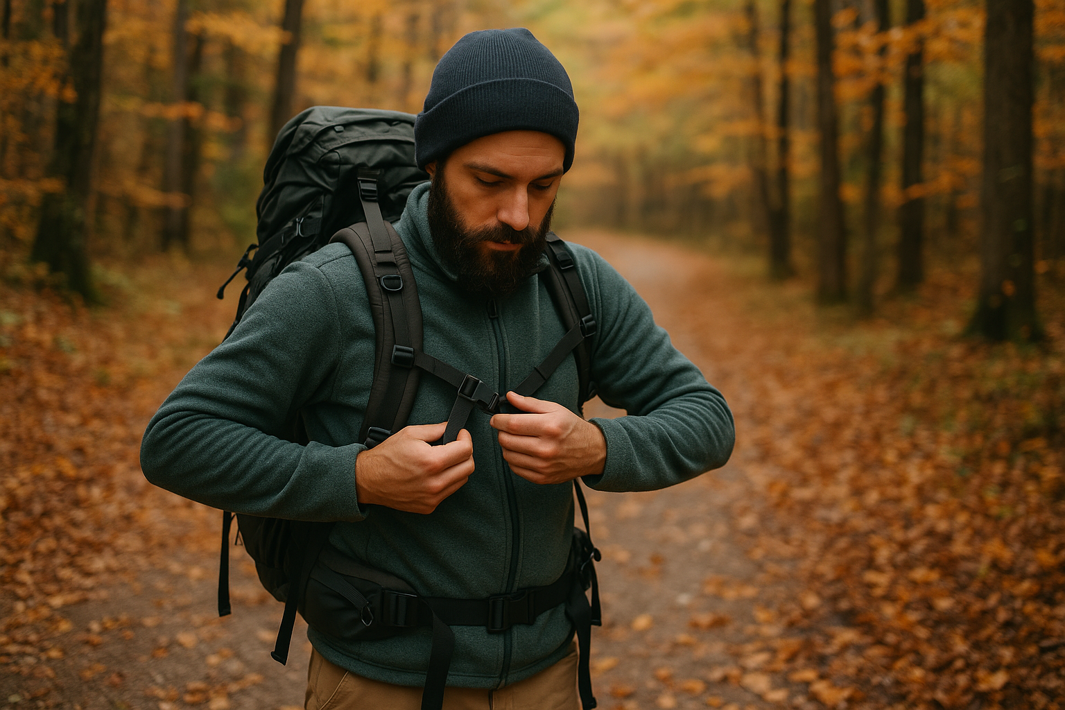 hiking backpack adjustment autumn trail