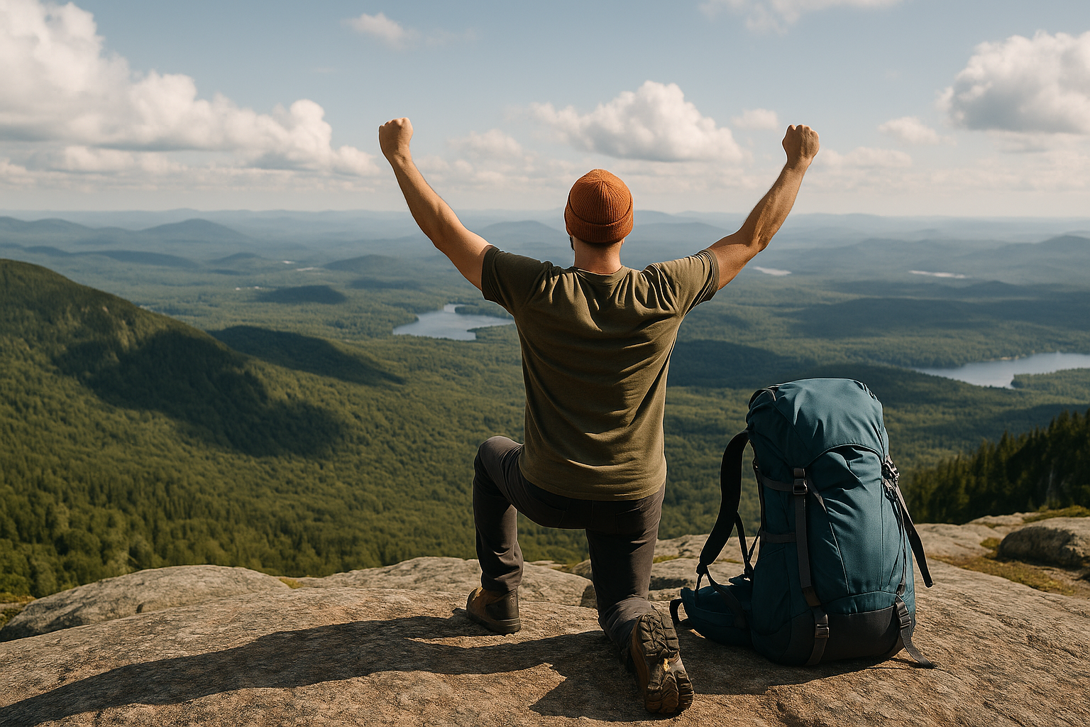 happy hiker Quebec mountain summit victory backpack