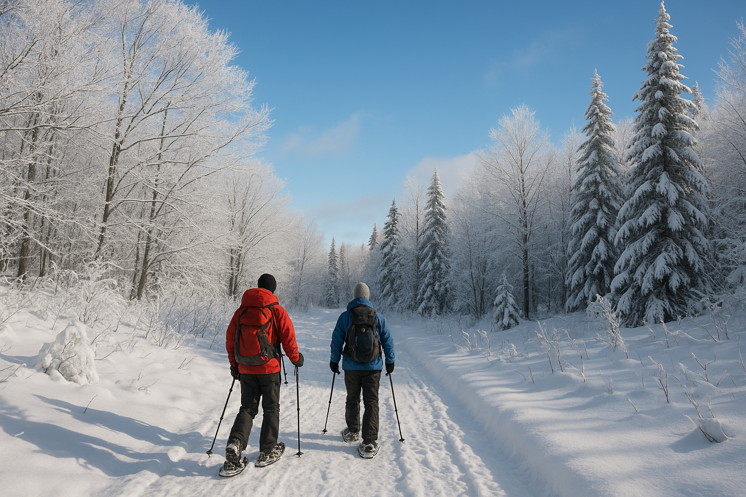 snowshoeing winter snow trail Estrie hikers