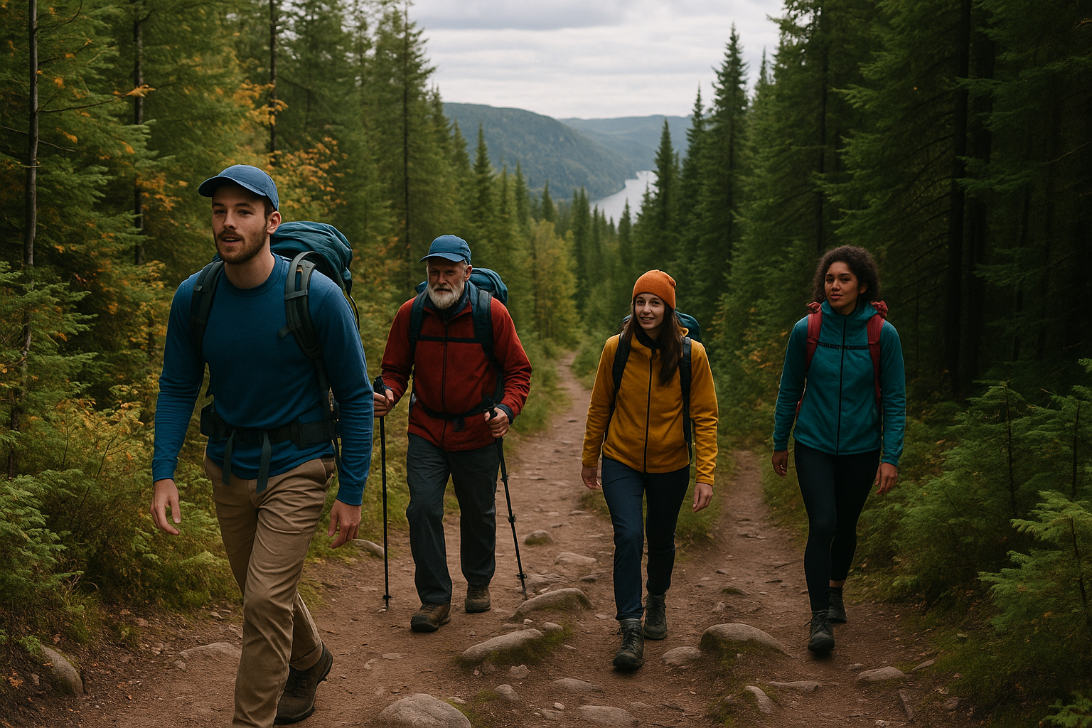 hiking group forest trail Saguenay levels
