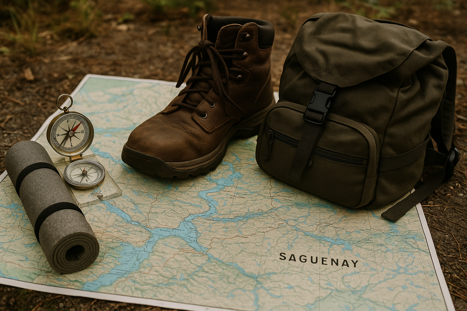 hiking equipment Saguenay map compass boots