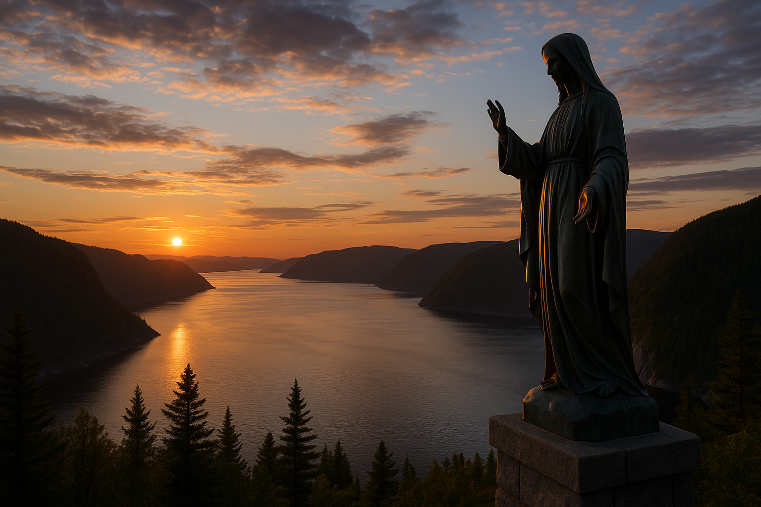sunset Notre-Dame statue Saguenay fjord