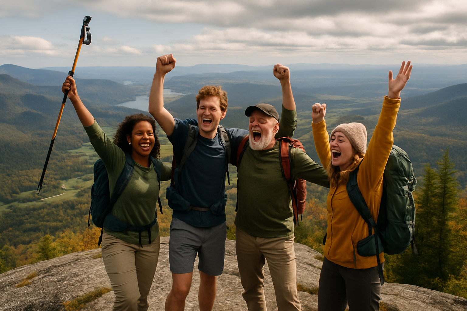 groupe randonneurs célébration sommet montagne québec