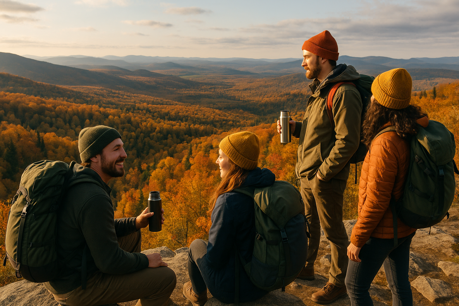group hikers autumn panorama friendly