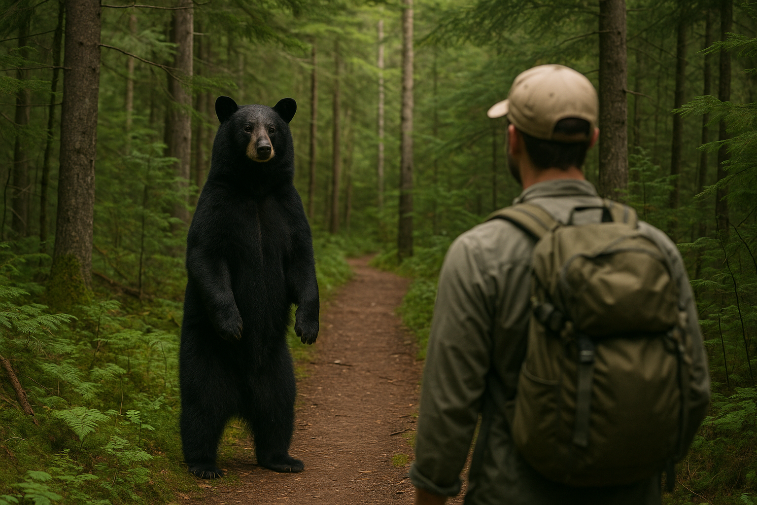 black bear standing observation hiker Quebec forest