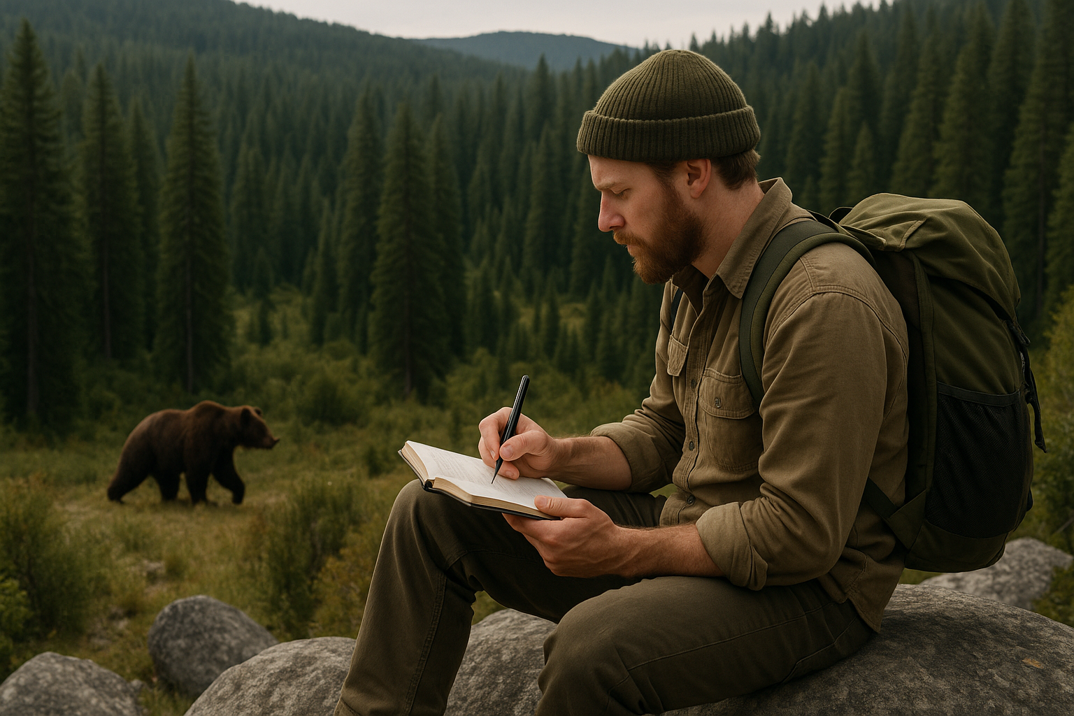 hiker notes journal after bear encounter forest
