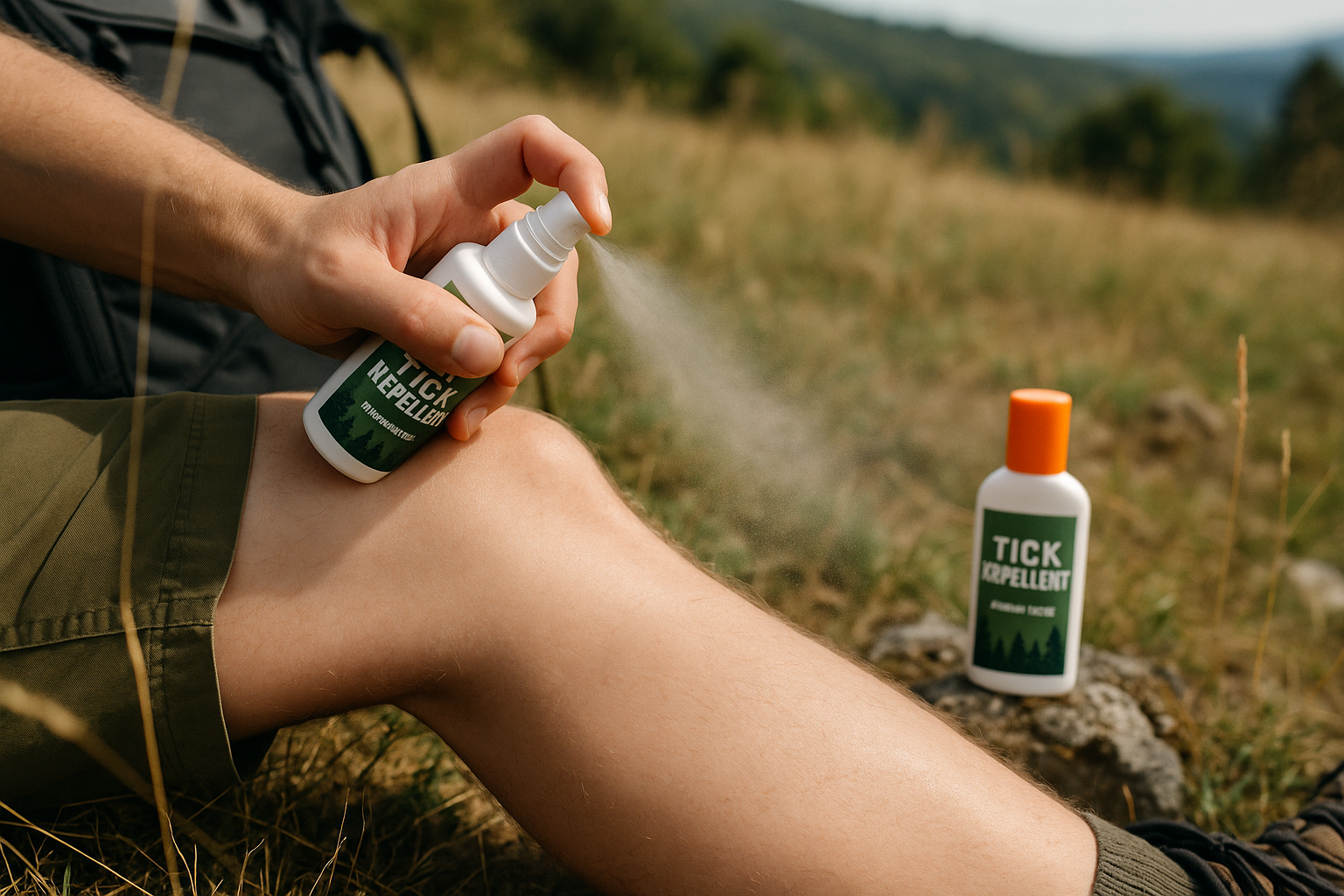 applying anti-tick repellent hiking