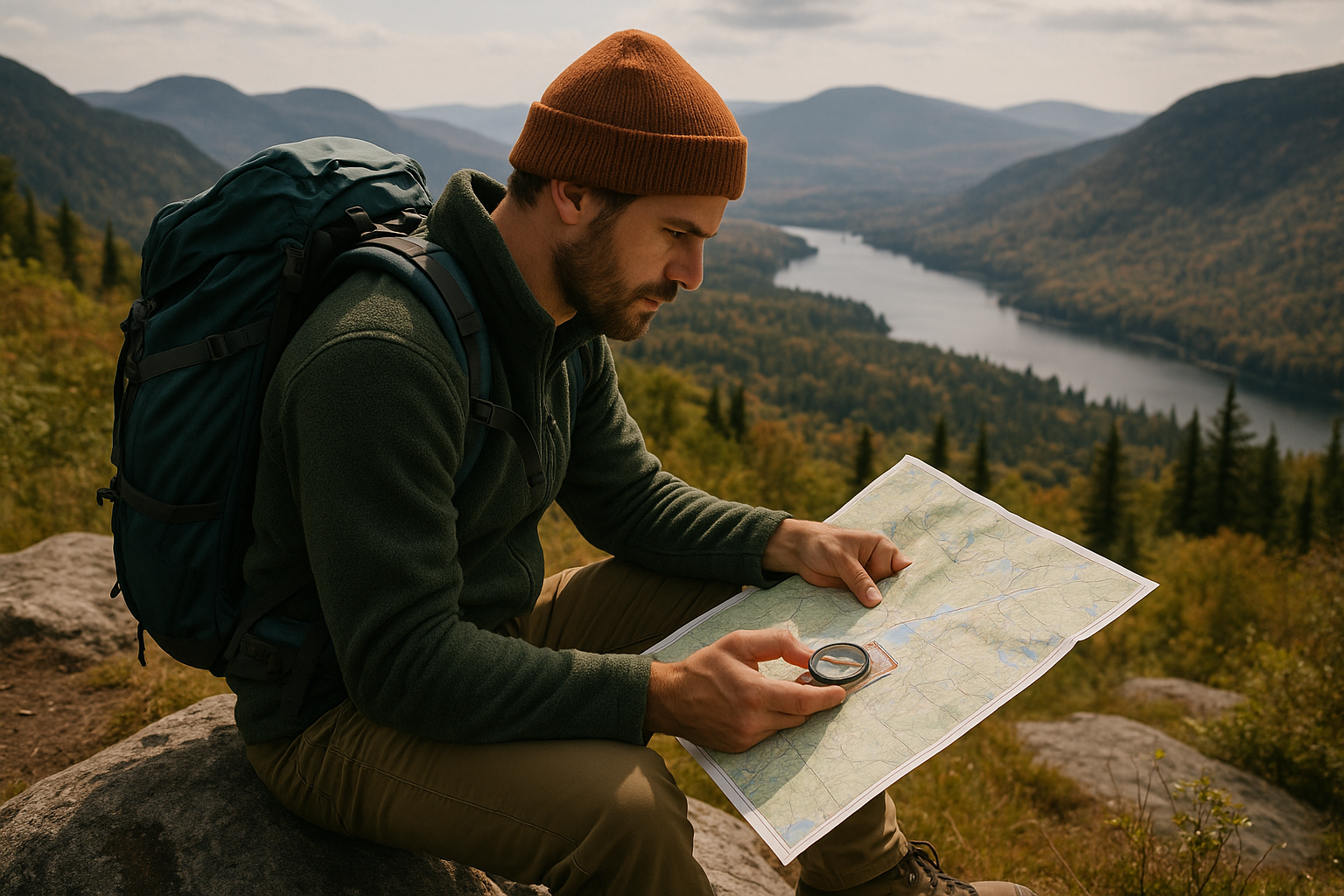 hiker planning with map compass Quebec mountains