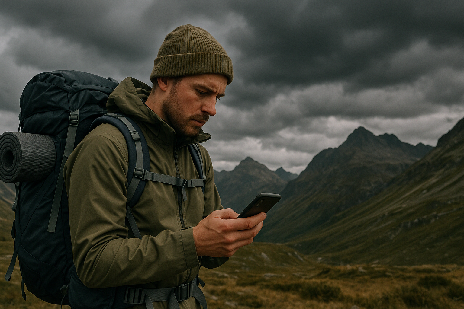 hiker checking weather forecast threatening cloudy sky mountains