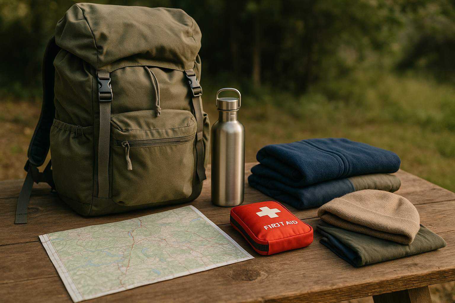 organized hiking equipment backpack water bottle map