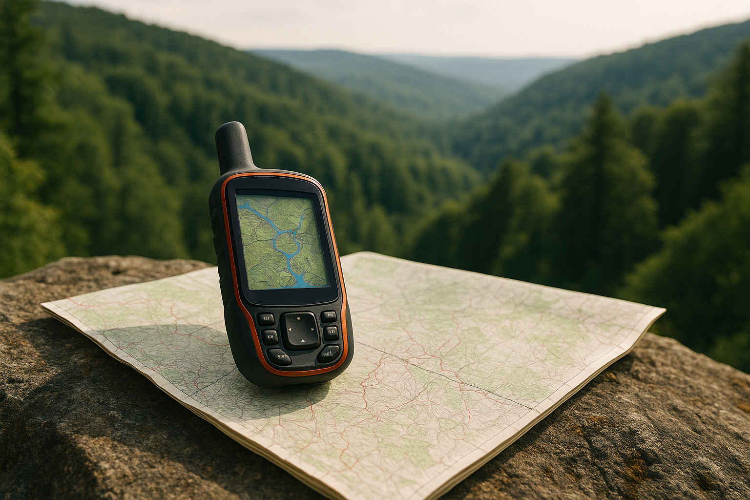 GPS navigation topographic map hiking forested valley