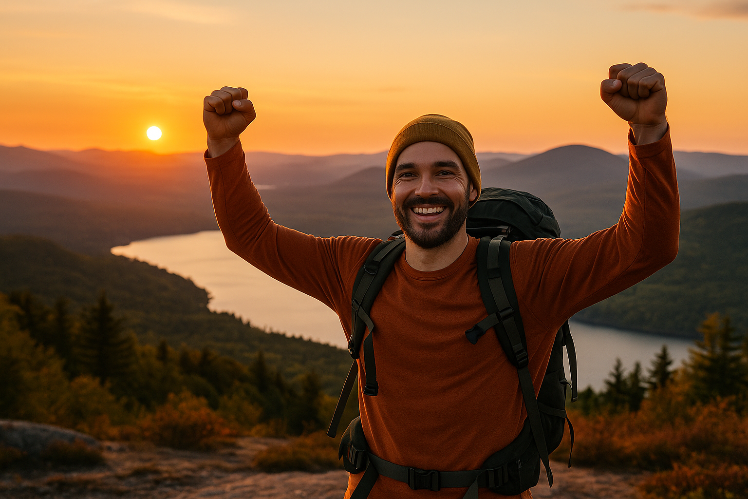 happy hiker summit sunset victory Quebec mountains