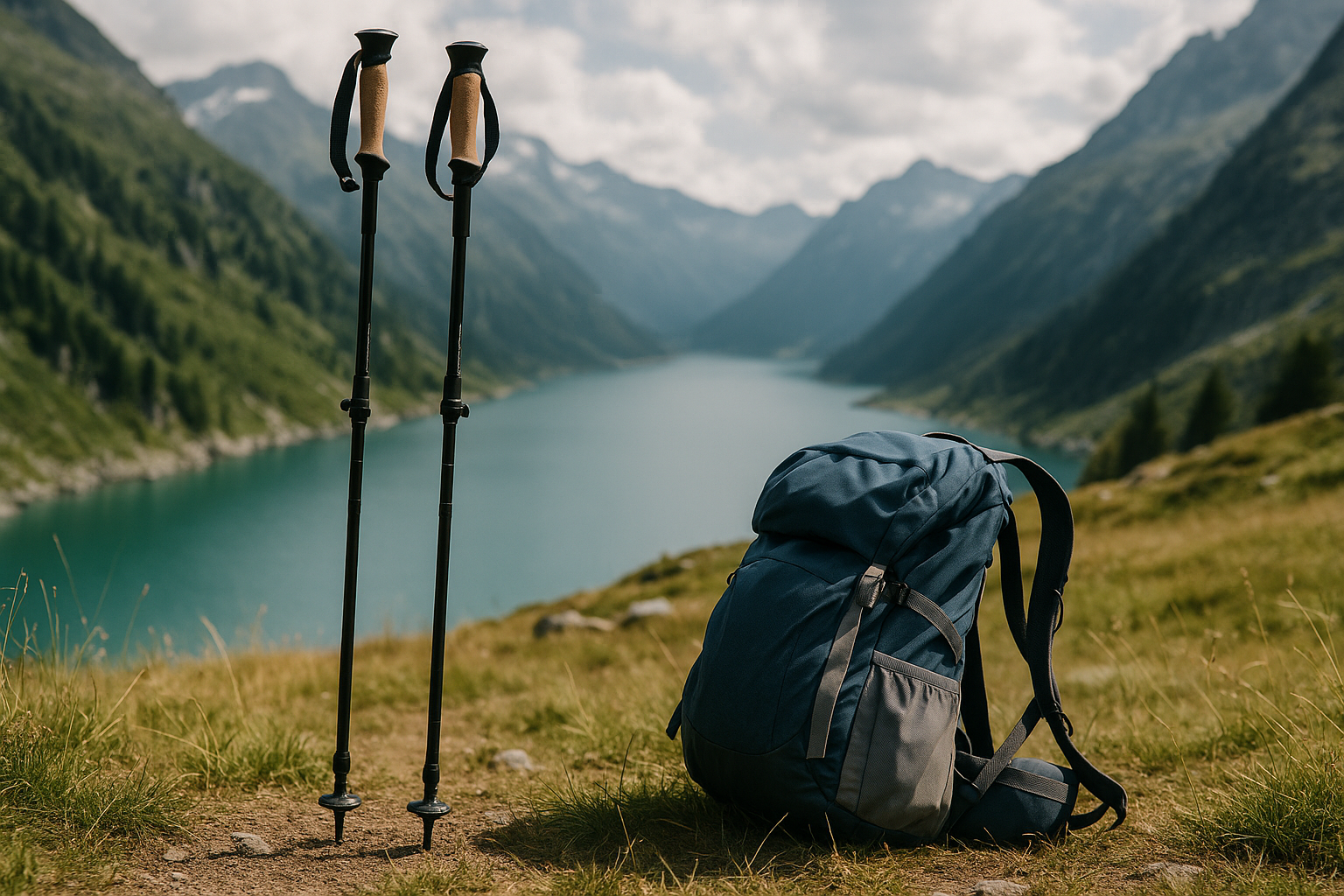 hiking poles mountain lake equipment