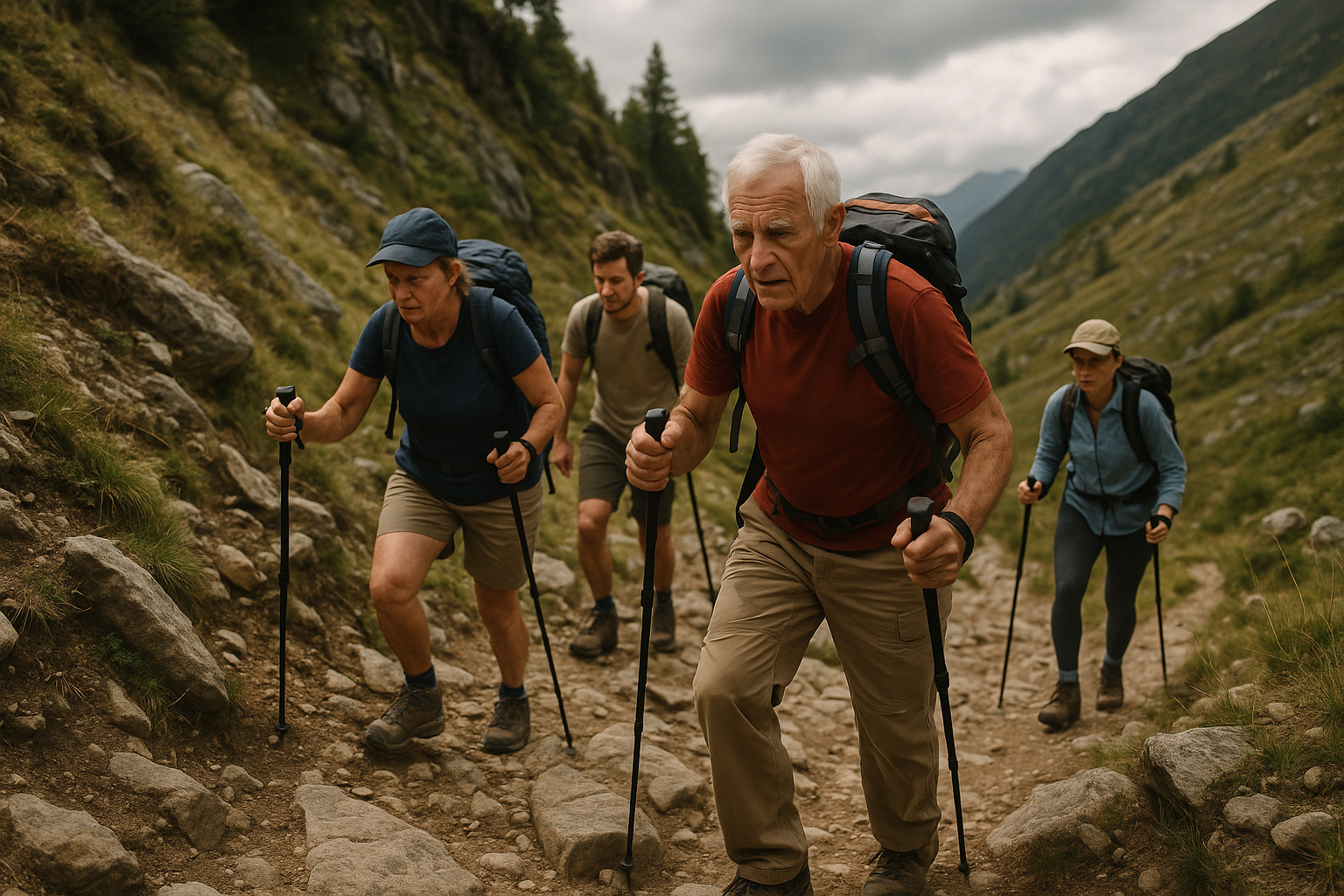 randonneurs effort physique sentier rocheux