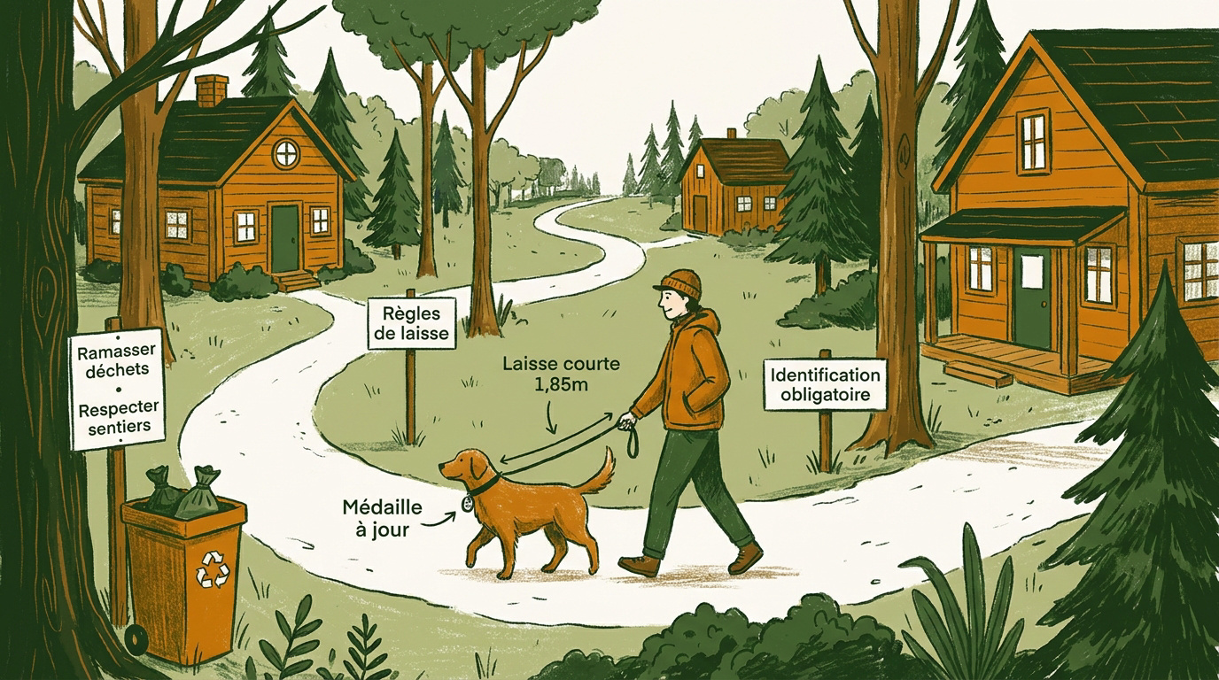 Panneau de signalisation des règles pour chiens sur un sentier forestier au Québec