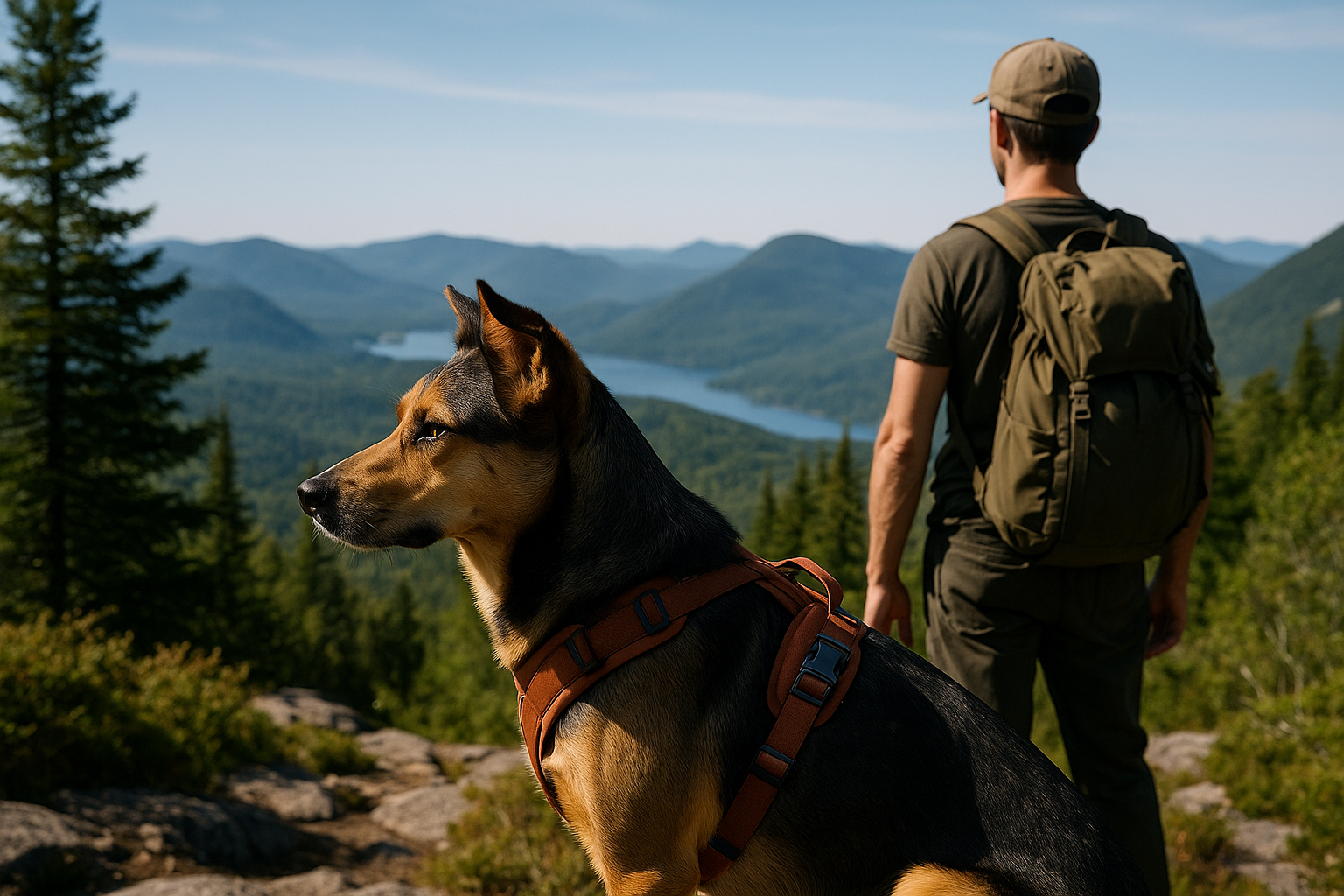 dog hiking Quebec mountain panorama
