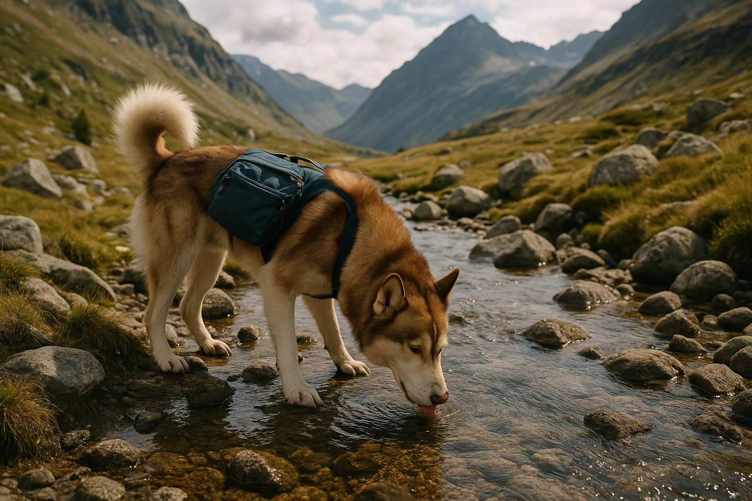 dog drinking stream hiking break