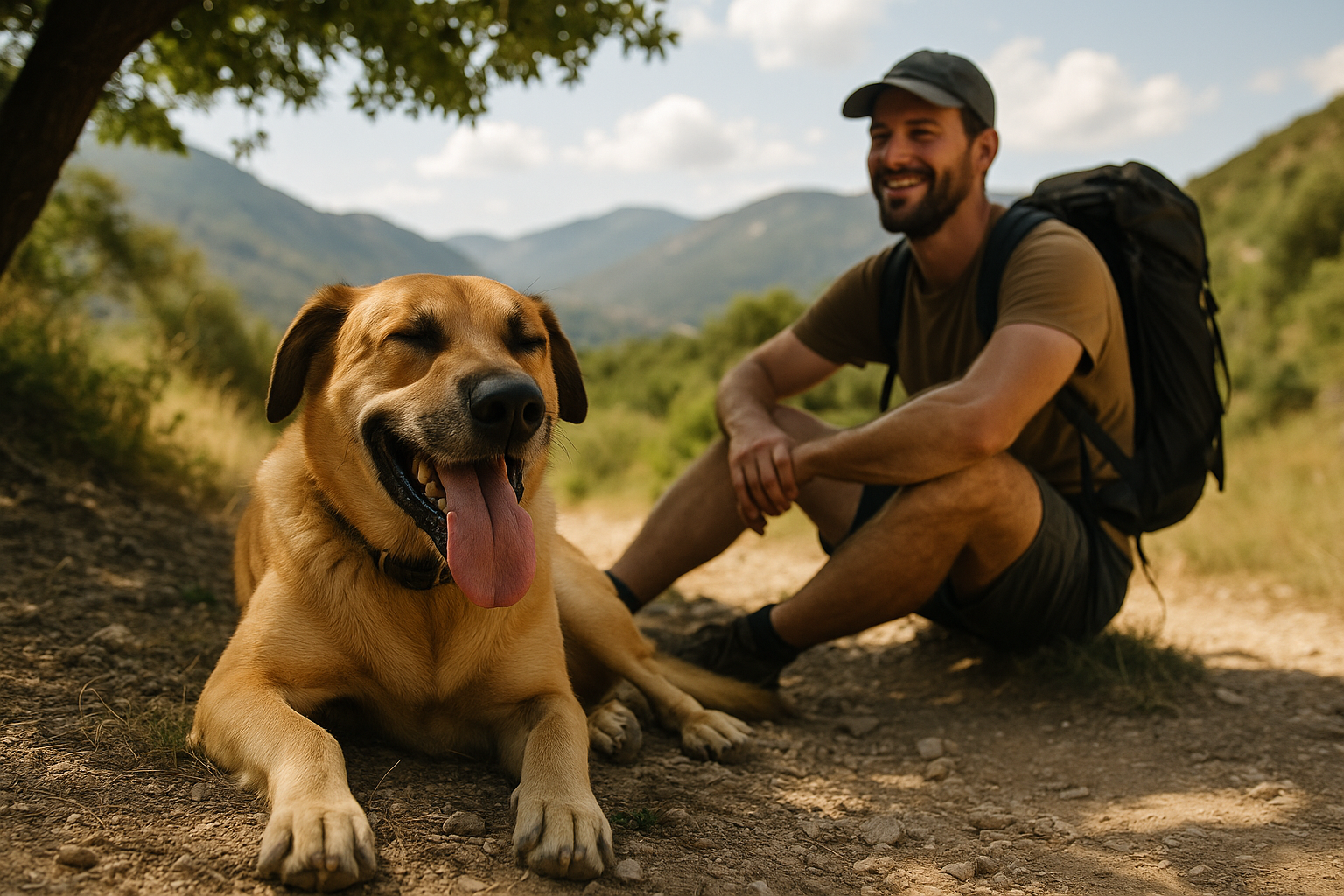 tired dog resting shade after hike