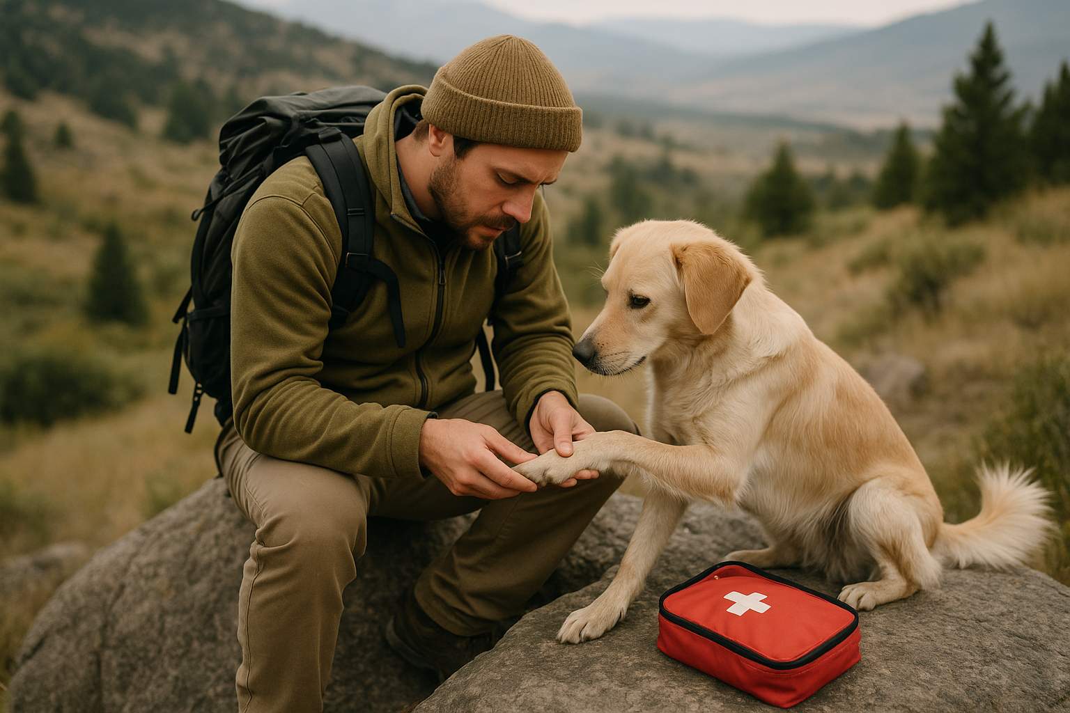 hiker examining dog paw first aid