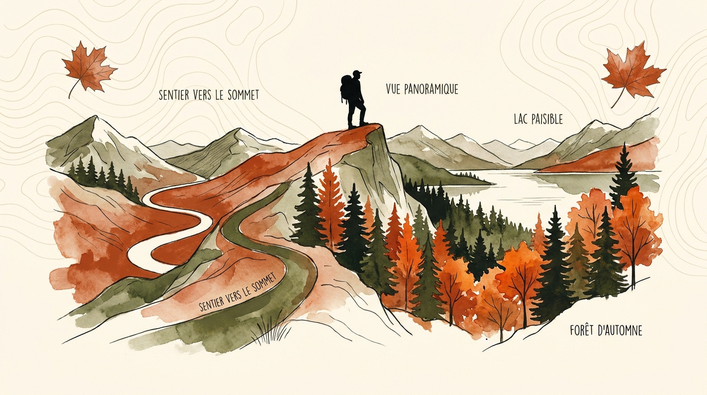 Randonneur admirant les couleurs d'automne depuis un sommet de la Zec des Martres au Québec