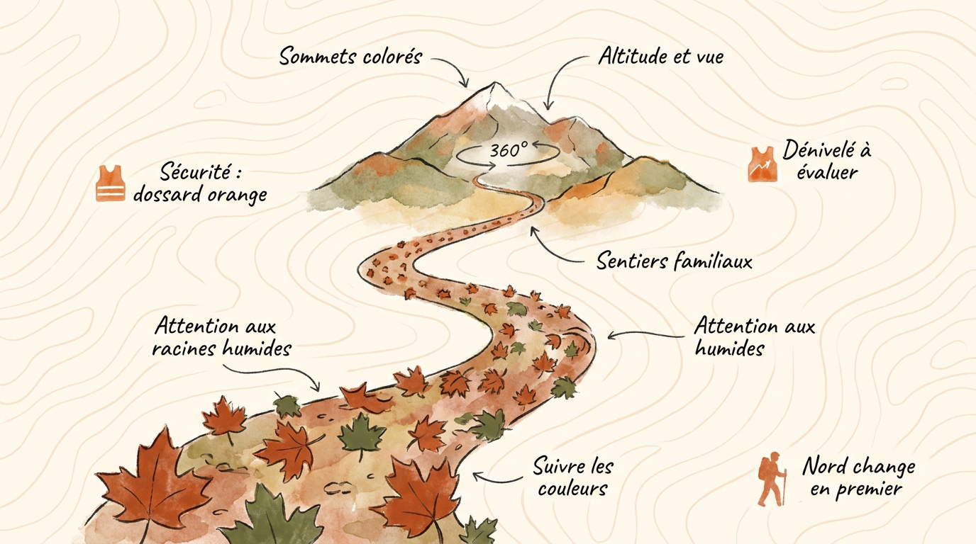 Randonneur sur un sentier boisé du Québec durant la saison des couleurs automnales