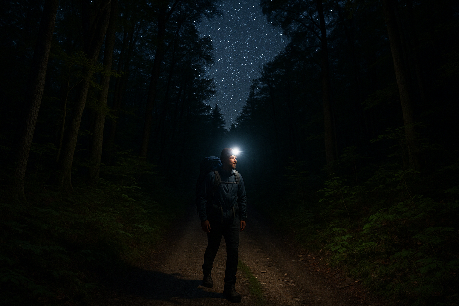 randonnée nocturne sentier forêt lampe frontale étoiles