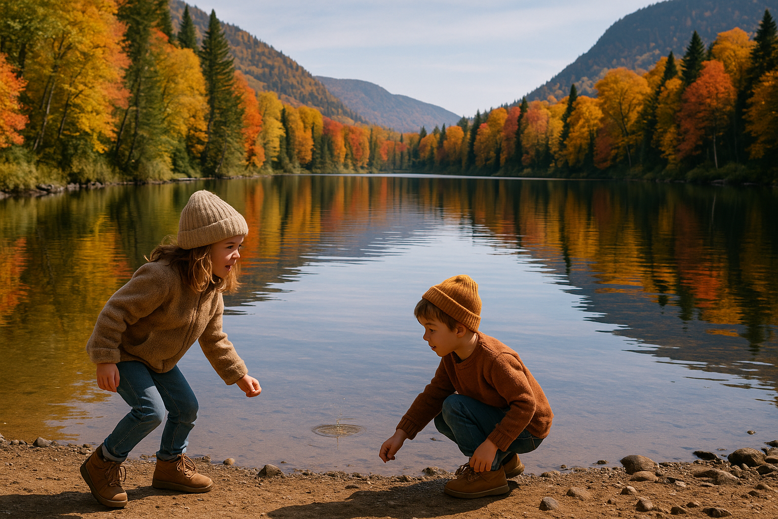 children lake autumn national park Quebec hike