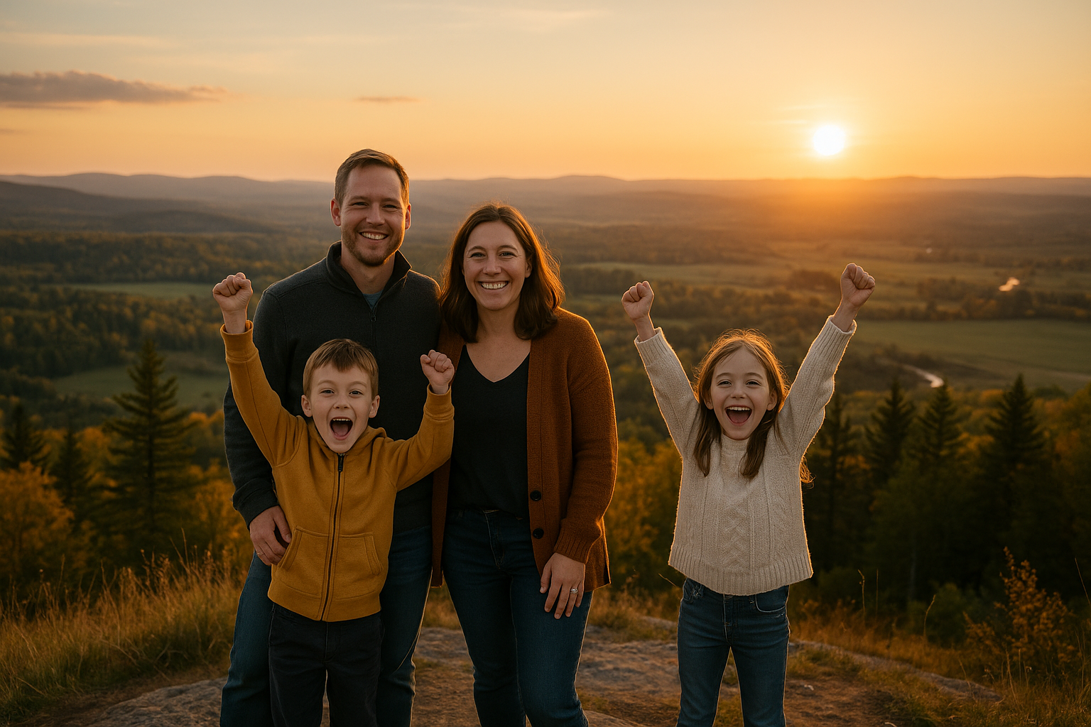 family mountain summit sunset victory children Quebec