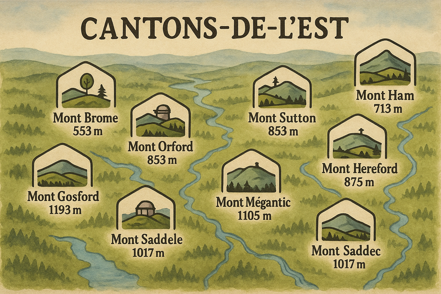 Eastern Townships mountains hiking views map