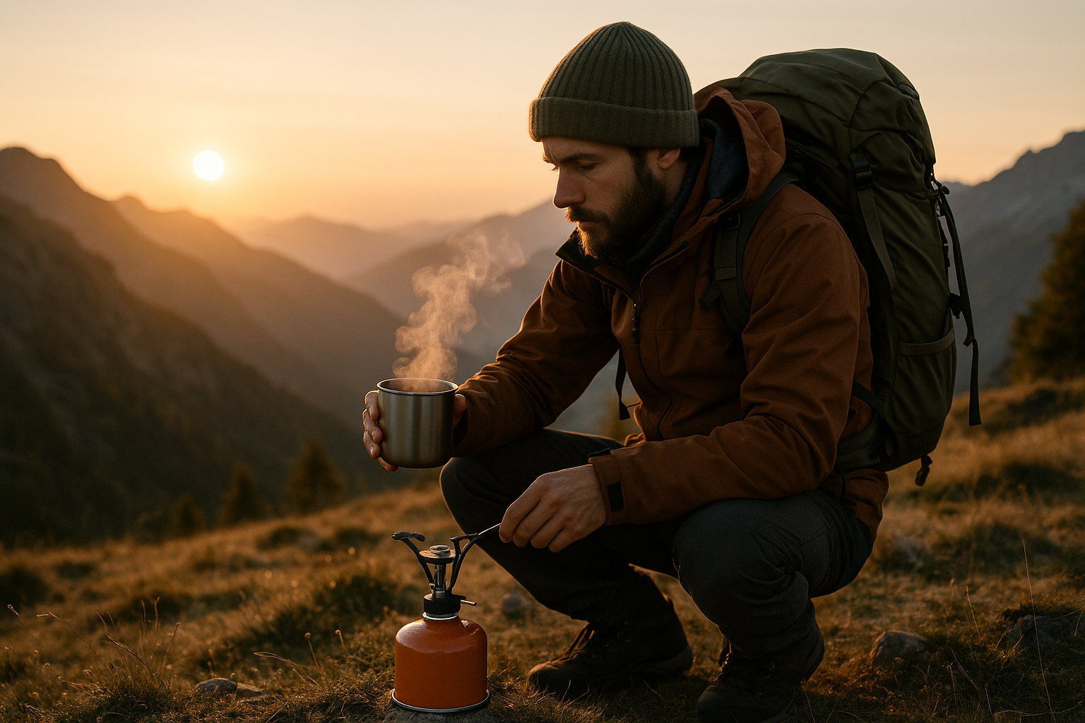 camping stove coffee mountain sunrise