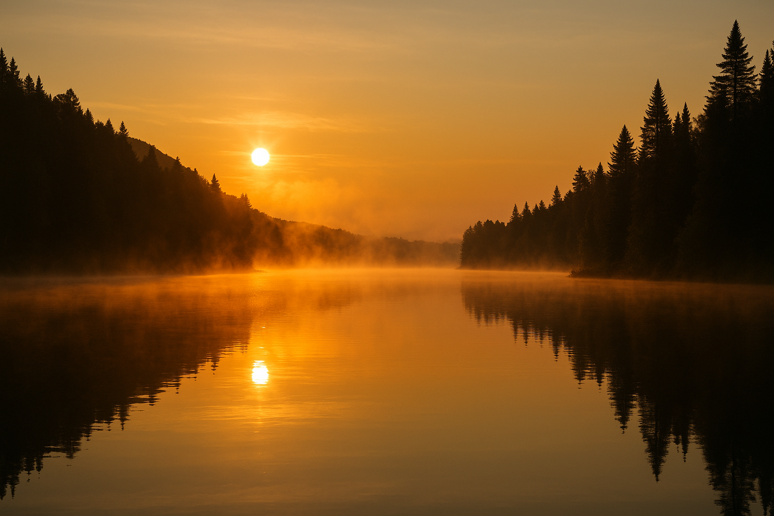 sunrise lake mauricie morning mist bivouac